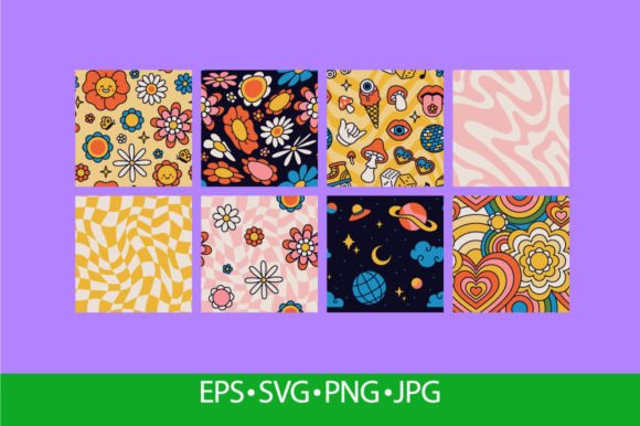 Retro 70s Psychedelic Seamless Patterns for Web and Print